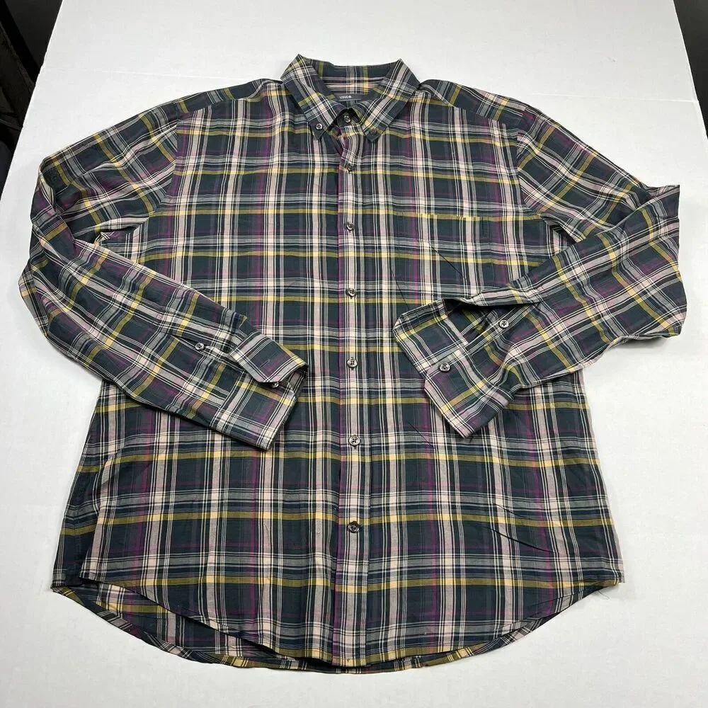 Vince Mens Button Down Shirt Plaid Preppy Long Sleeve Business Casual Top LARGE